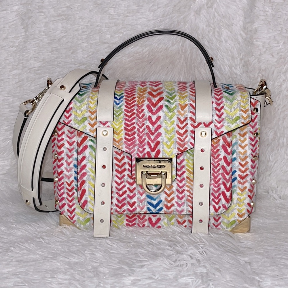 New Michael Kors Manhattan Colorful Graffiti Heart Motif Satchel Bag Purse